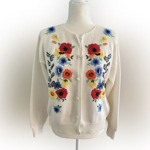 Vintage Flower Knitted White Multicolor Cardigan Sweater